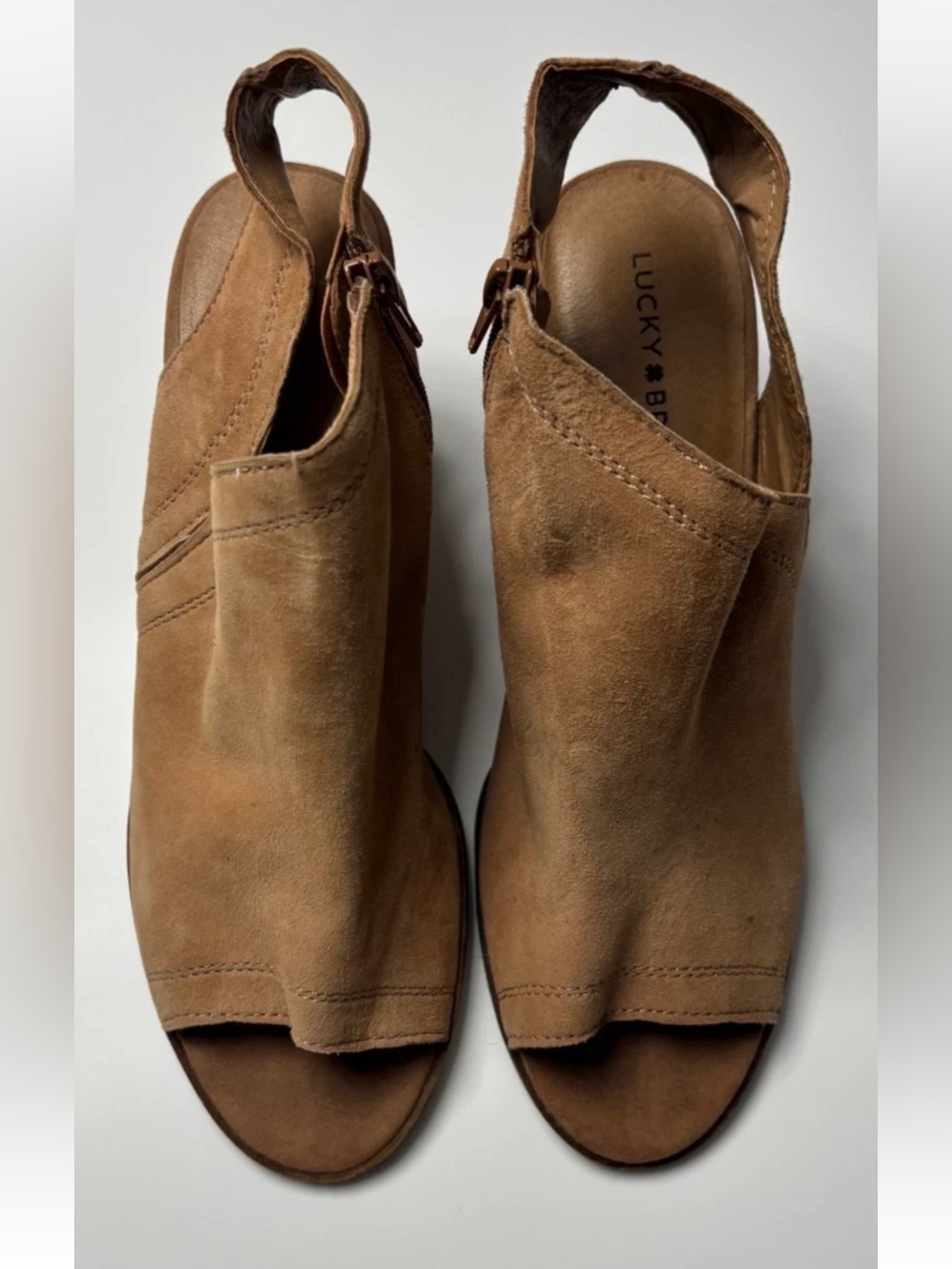 Lucky Brand Suede Open-Toe Slingback Wedge Booties - Tan